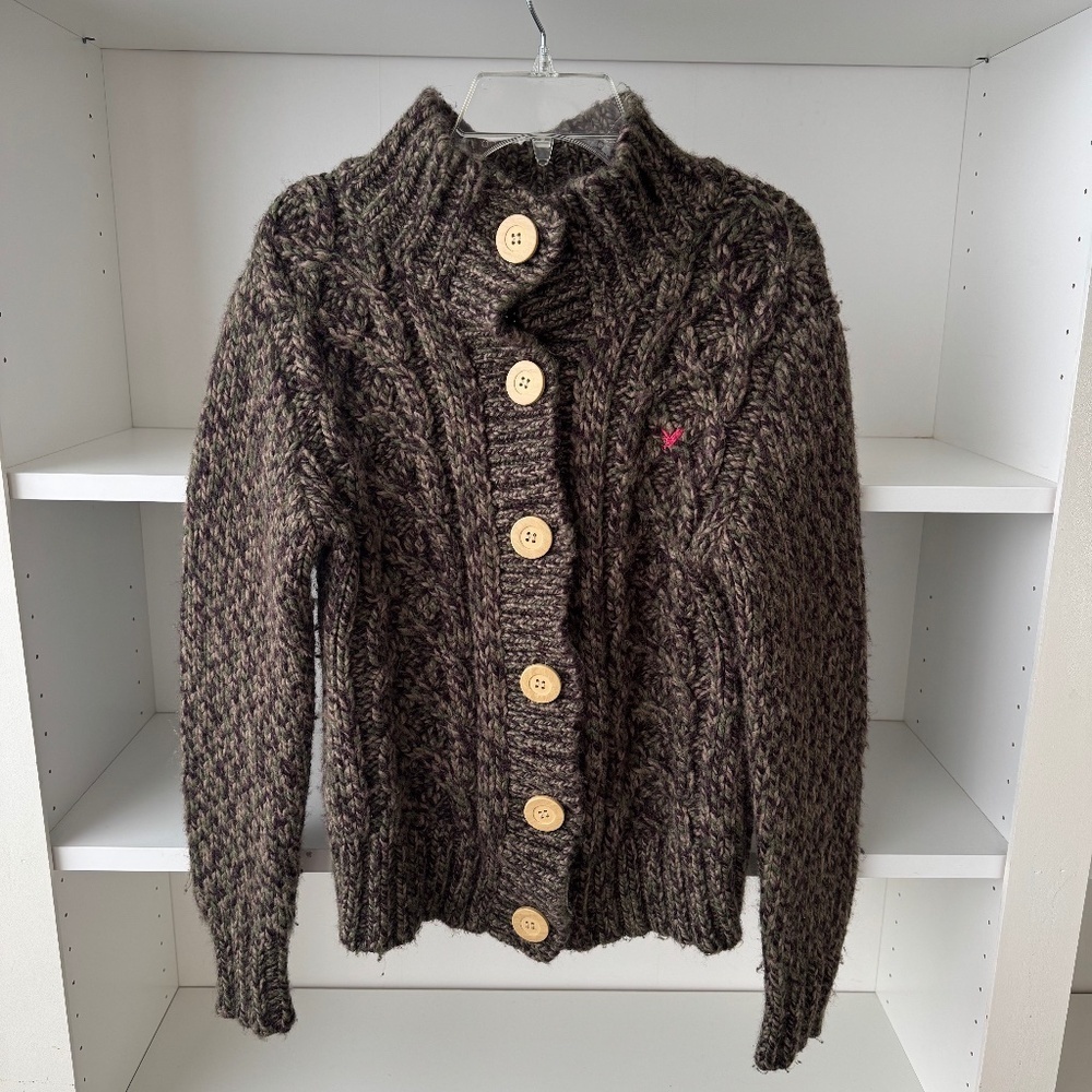 Vintage American Eagle Outfitters Green Chunky Knit Wool Button Cardigan
